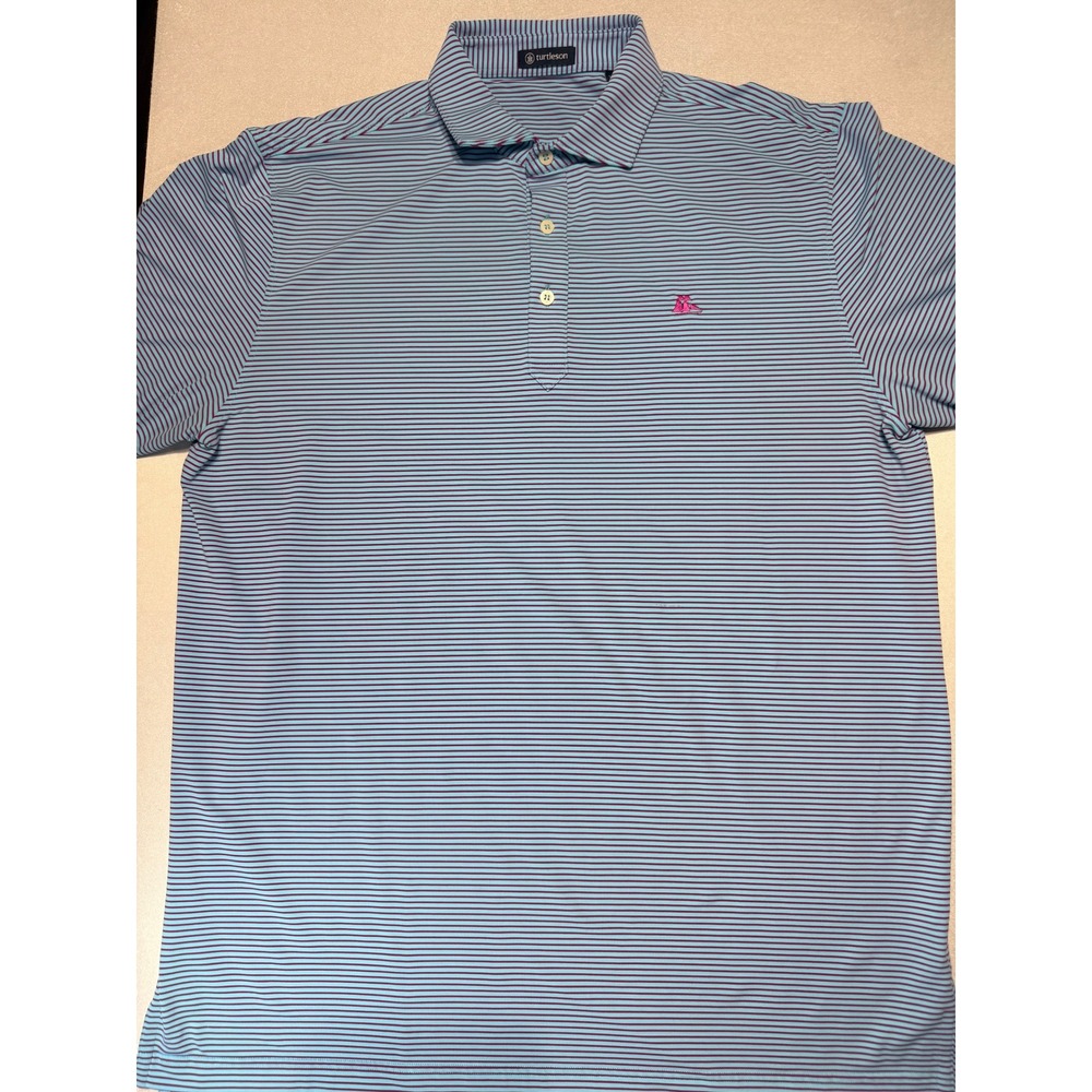 Turtleson Mens XL Polo Shirt Blue Maroon Striped Sailboat Logo Performance Golf